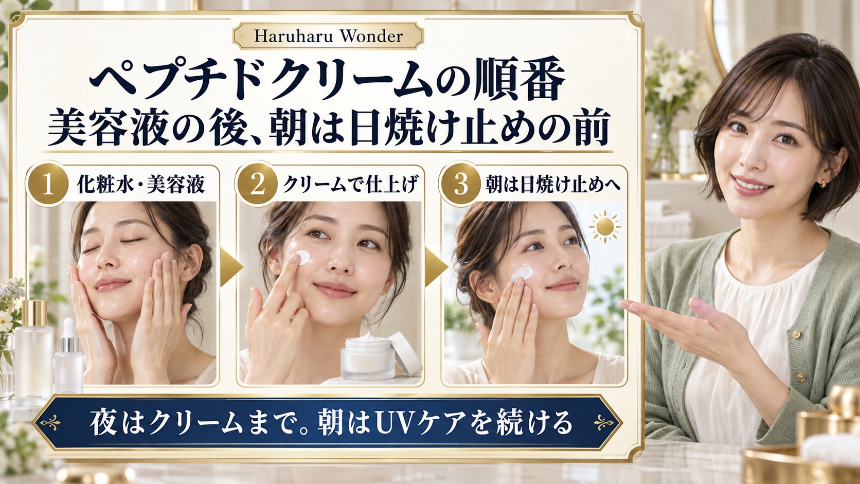 Haruharuペプチドクリームの順番。化粧水と美容液の後にクリームを使い、朝はその後に日焼け止めを塗る。