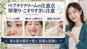Haruharu Wonderペプチドクリームの注意点。Tゾーンは薄く、摩擦を避け、清潔に取り出す方法を示すBeauty Board