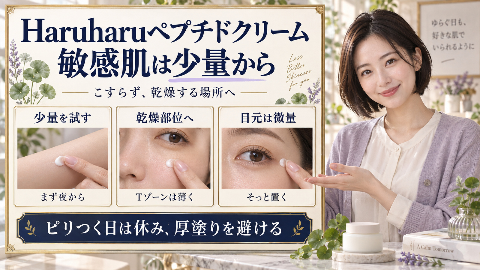 Haruharuペプチドクリームは敏感肌なら少量から。まず夜に試し、乾燥部位へTゾーンは薄く、目元は微量をそっと置く。ピリつく日は休み、厚塗りを避ける。