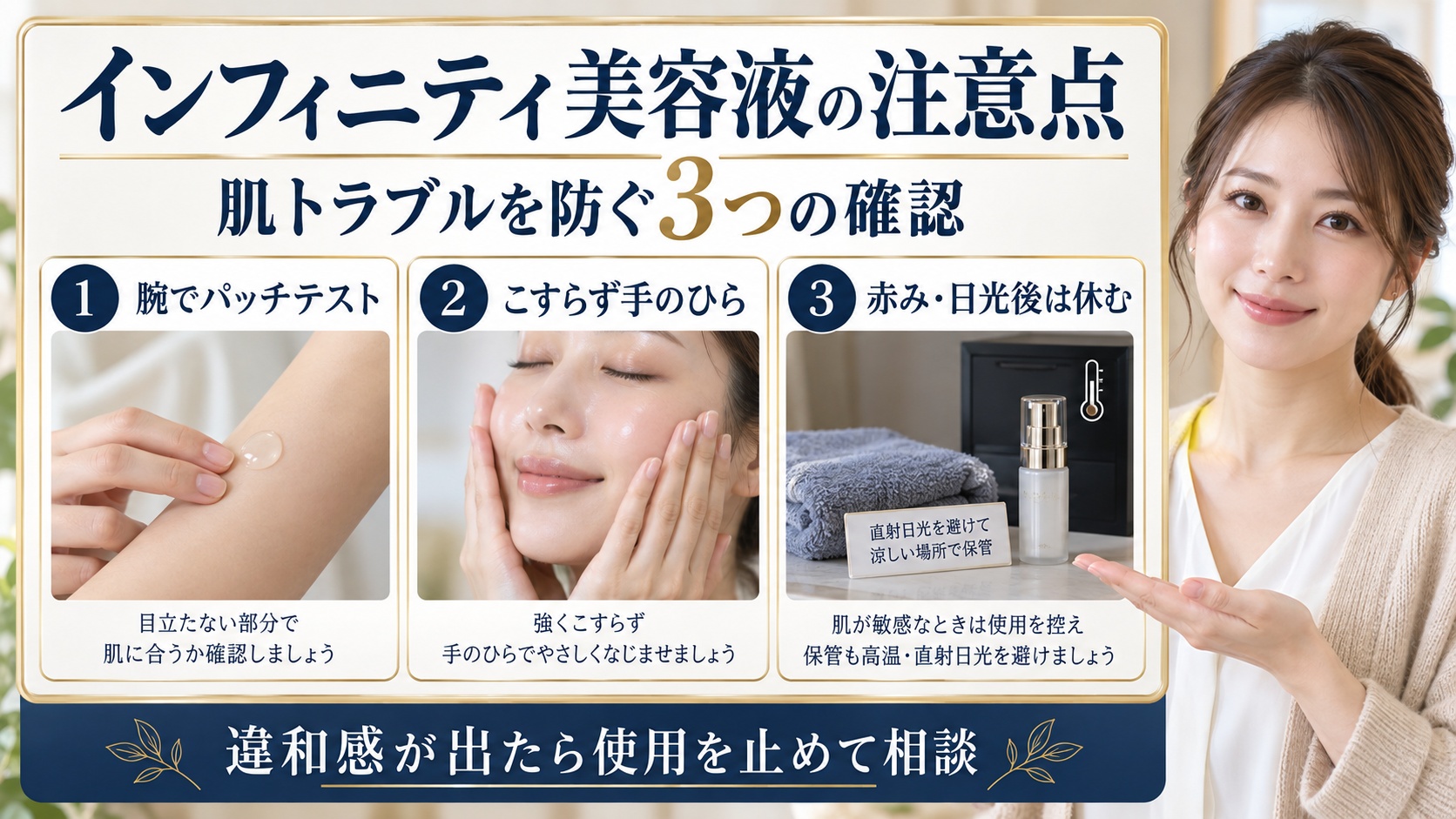 インフィニティ美容液の注意点。腕でパッチテストを行い、こすらず手のひらでなじませ、赤みや日光後は使用を休む3つの確認。