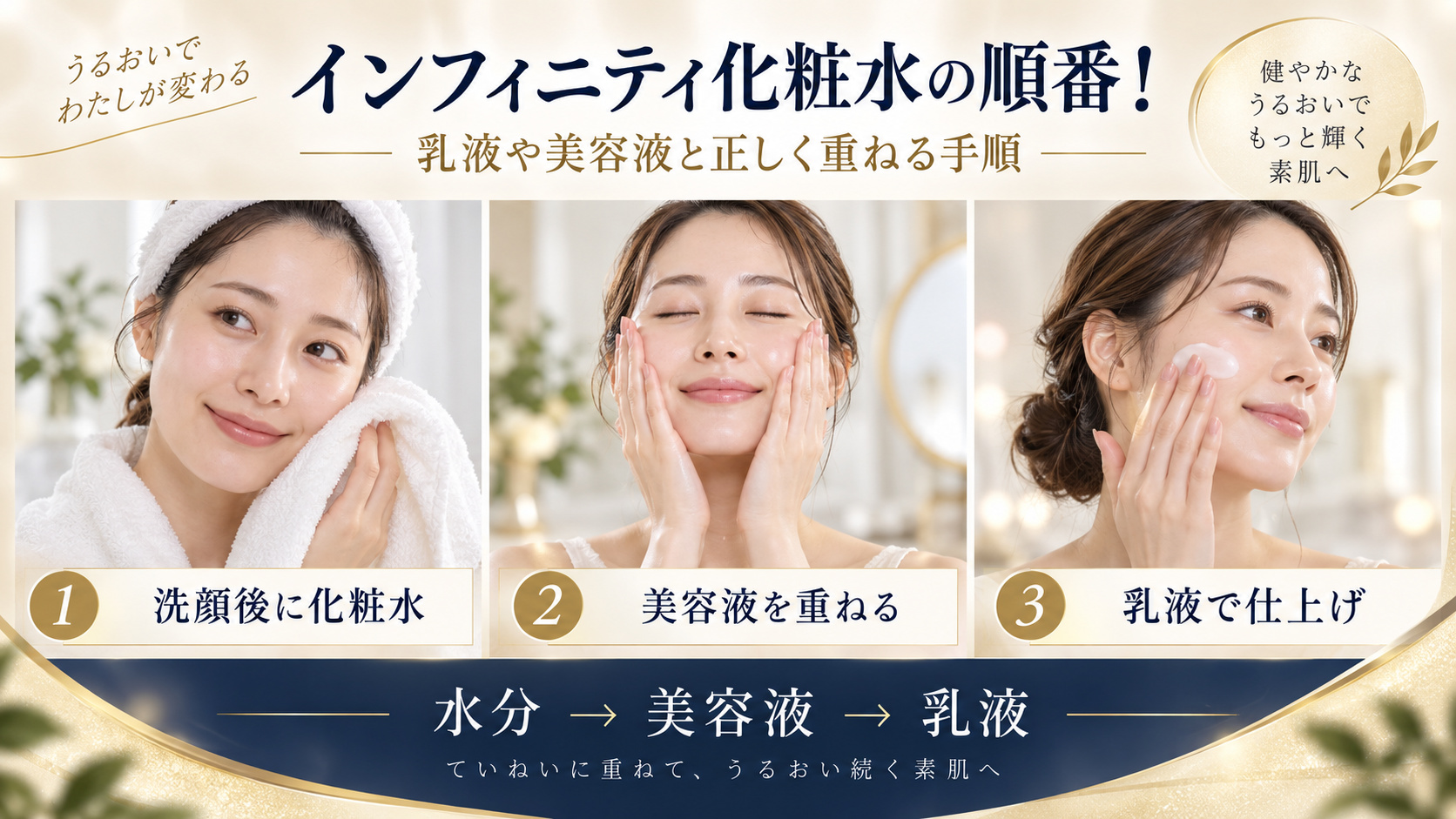 インフィニティ化粧水の使い方。洗顔後に化粧水を取り、こすらず押し込み、乳液で仕上げるシワ改善ケア。