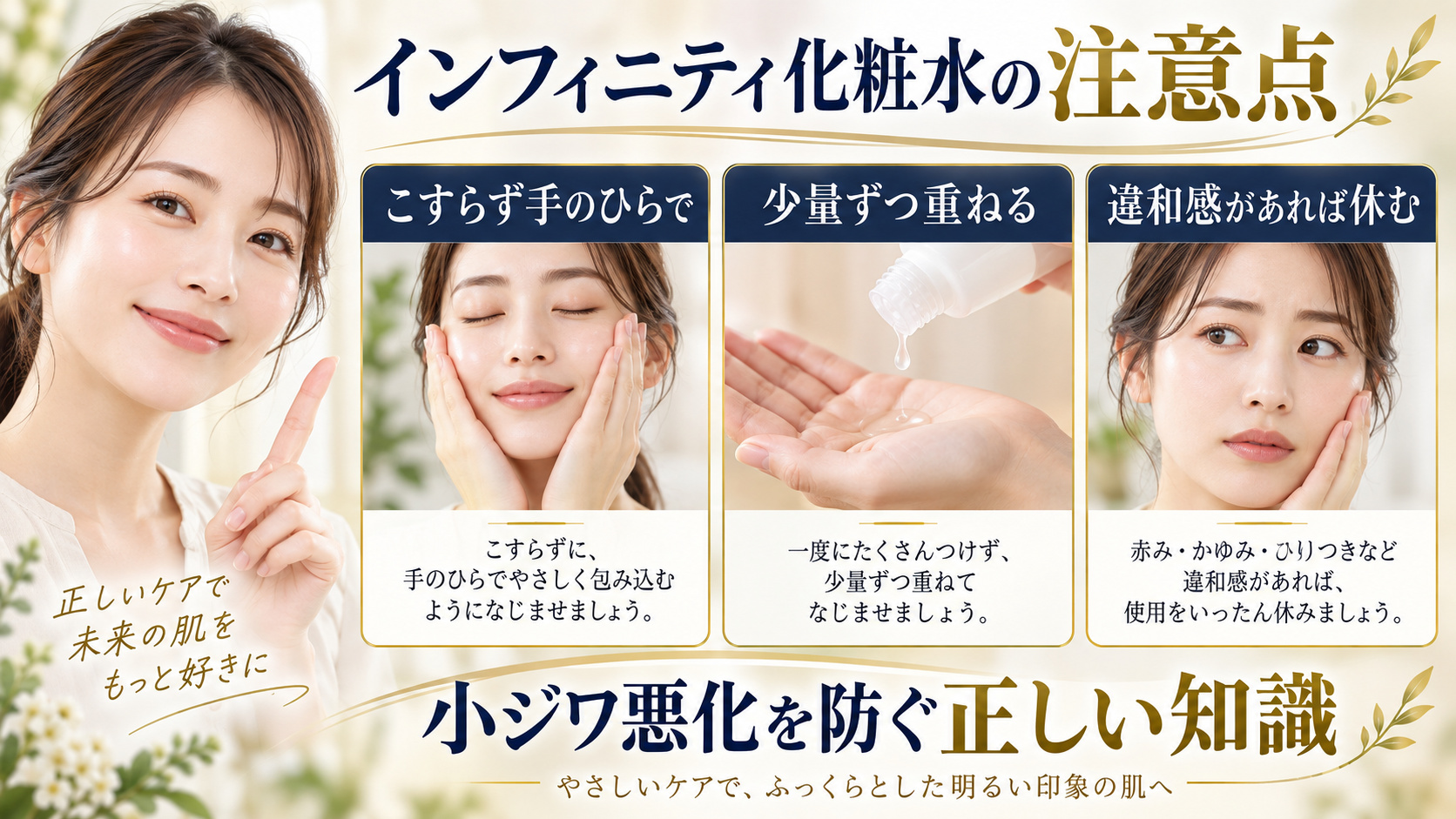 インフィニティ化粧水の注意点。こすらず手のひらで少量ずつ重ね、違和感があれば休む使い方。