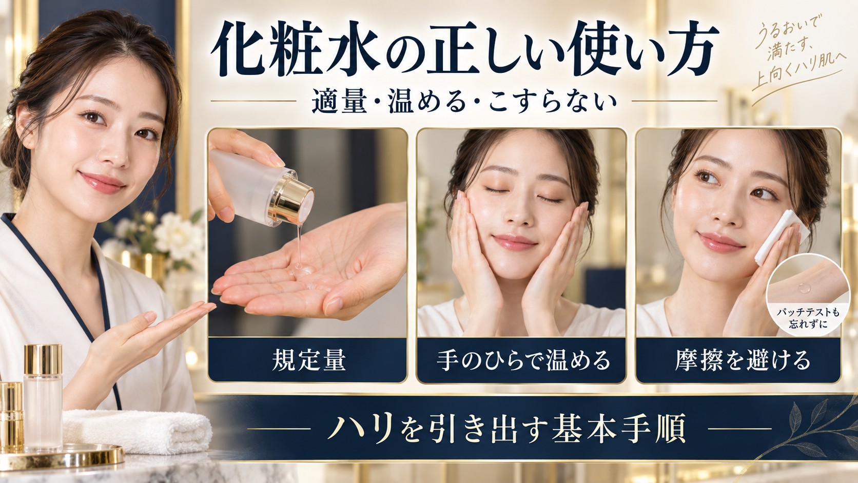 インフィニティ プレステジアス ローションの使い方。規定量を手のひらで温め、こすらずハリを引き出す基本手順。
