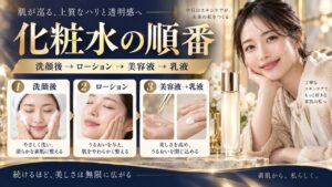 インフィニティ化粧水の使い方。手のひらに適量を取り、こすらず押し込み、乳液で仕上げるシワ改善ケア。