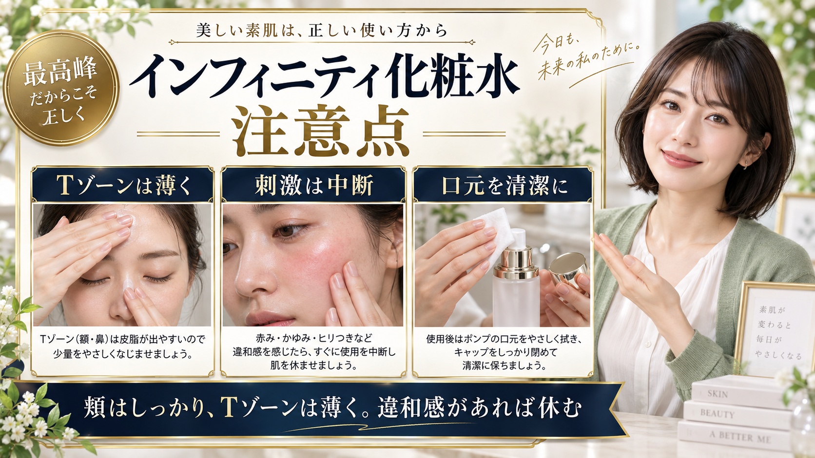 インフィニティ化粧水の注意点。Tゾーンを薄く塗り、刺激があれば中断し、ポンプ口元を清潔に保つ3つのポイント