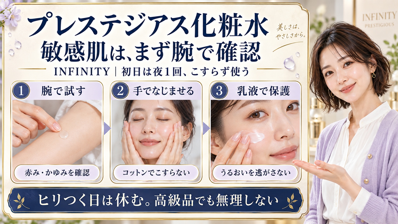 INFINITYプレステジアス化粧水は敏感肌ならまず腕で確認。初日は夜1回、手でこすらずなじませて乳液で保護。ヒリつく日は休む。