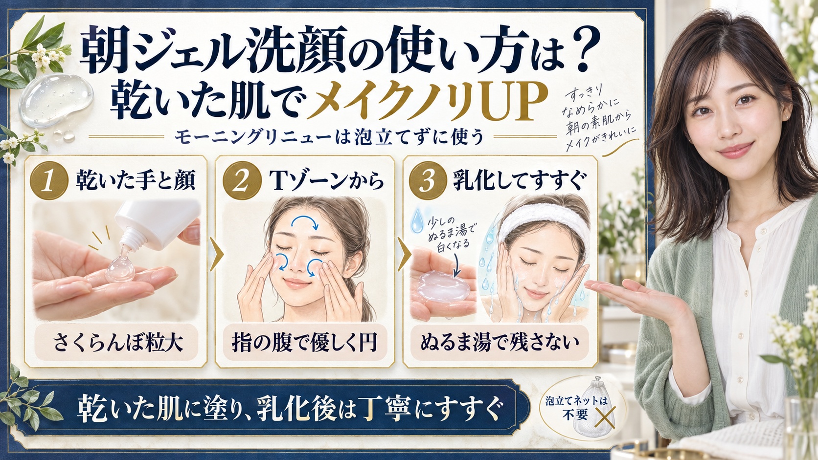 インフィニティ朝洗顔ジェルの使い方:乾いた肌、Tゾーン、乳化すすぎの3ステップ