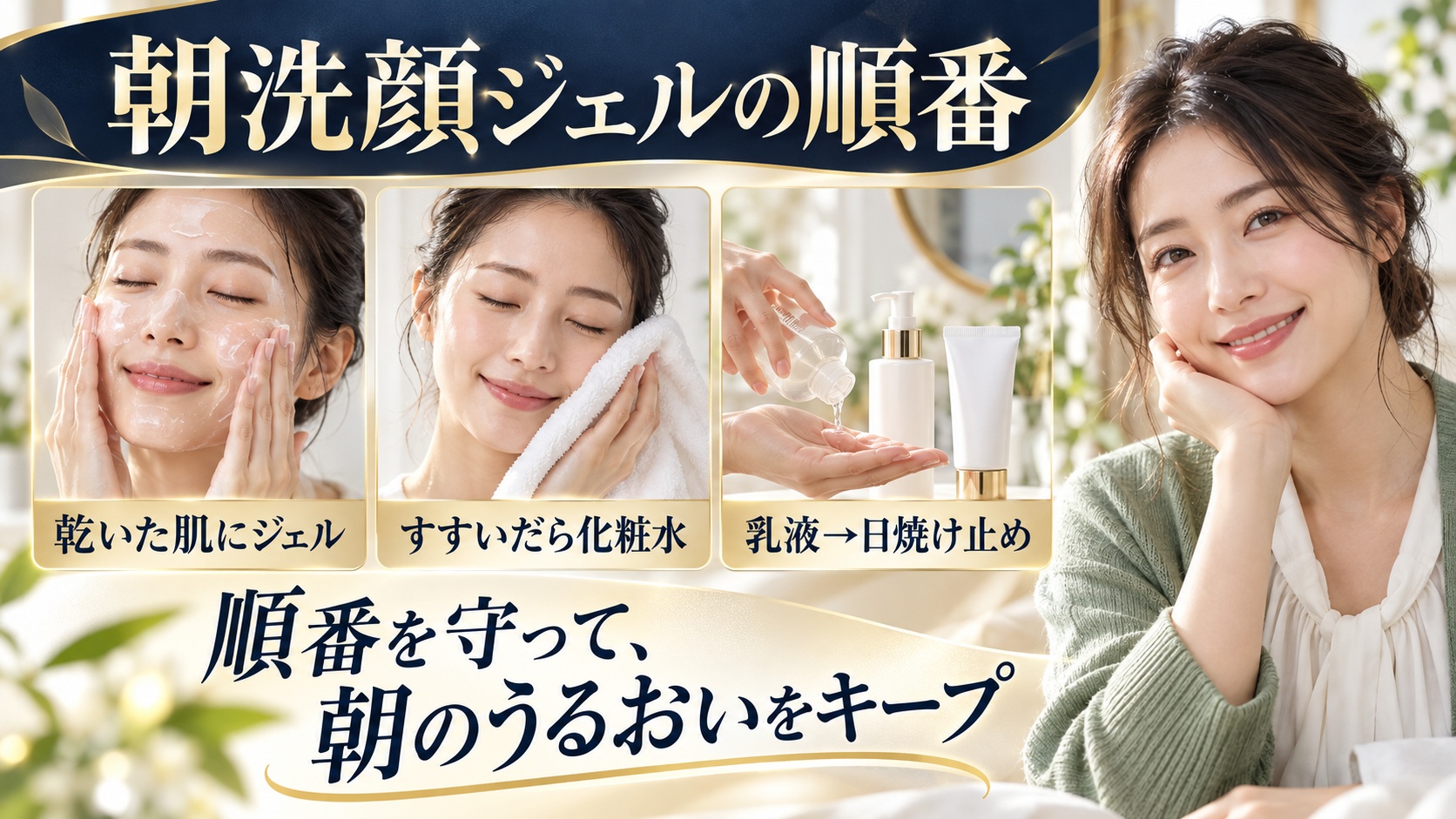 朝洗顔ジェルは乾いた肌に使い、すすいだら化粧水、乳液、日焼け止めの順番で整える。