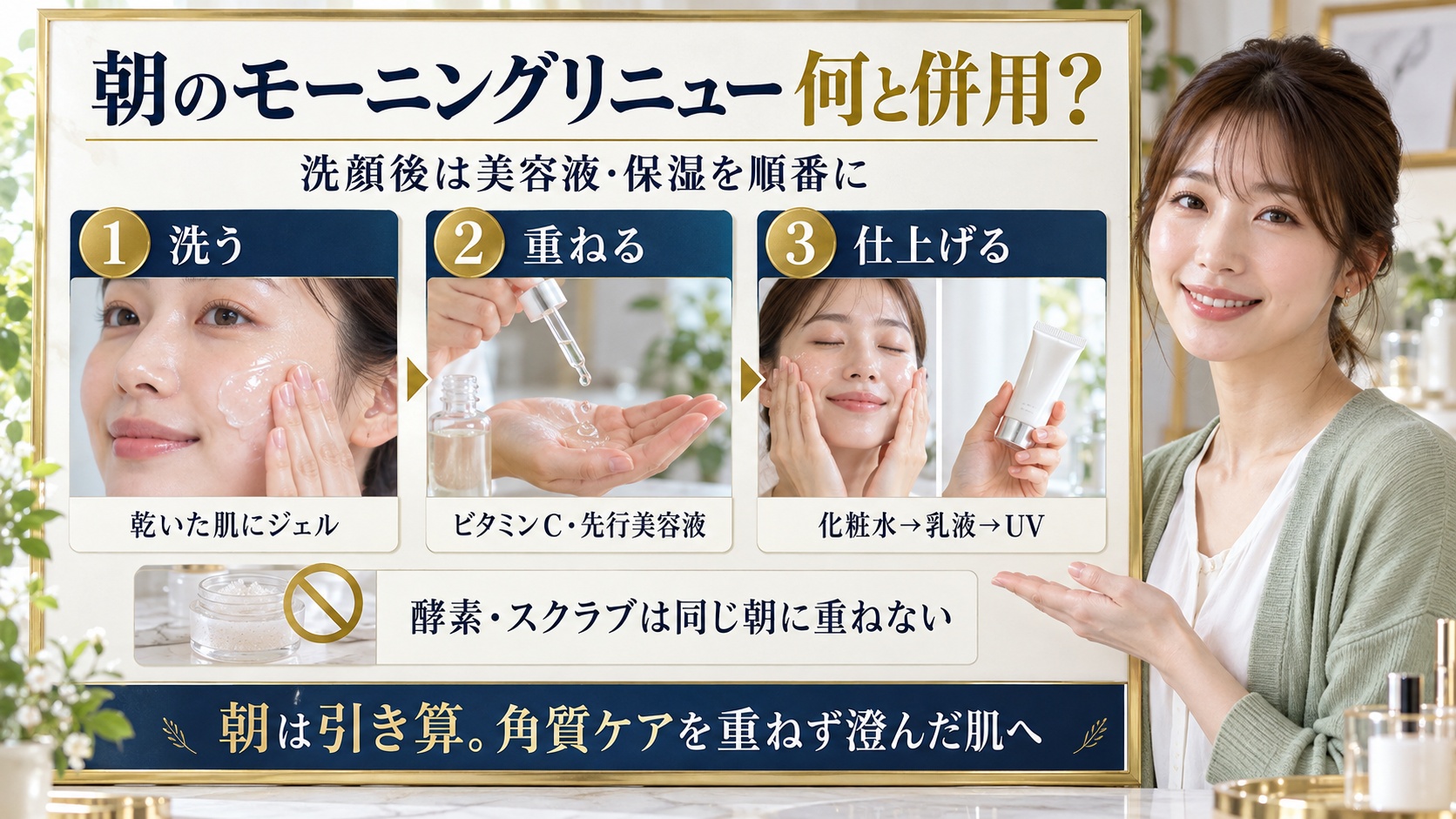 インフィニティ朝洗顔の併用術。洗う、ビタミンCや先行美容液を重ねる、化粧水・乳液・UVで仕上げる順番を示すBeauty Board