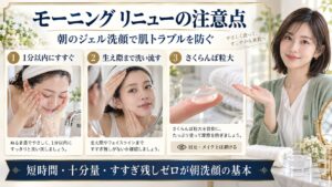 インフィニティ モーニング リニューの注意点。1分以内のすすぎ、生え際までの洗い流し、さくらんぼ粒大の使用量を示すBeauty Board