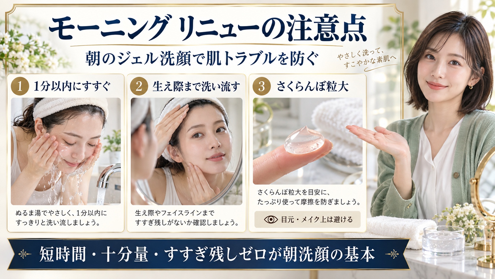 インフィニティ モーニング リニューの注意点。1分以内のすすぎ、生え際までの洗い流し、さくらんぼ粒大の使用量を示すBeauty Board