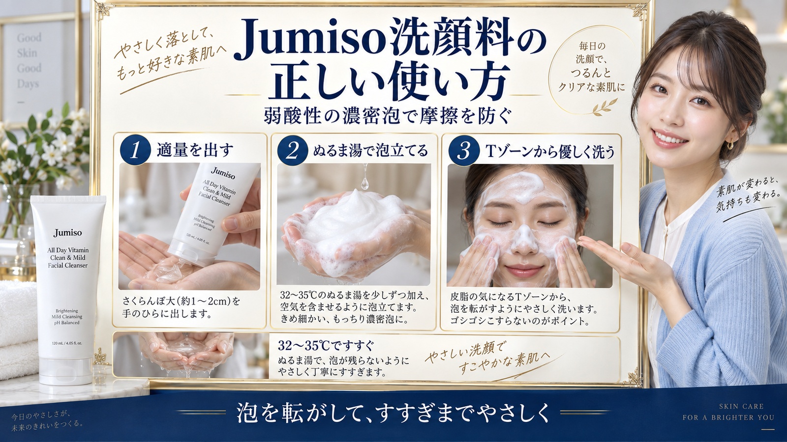 Jumiso洗顔料の正しい使い方。適量、濃密泡、Tゾーン洗浄、ぬるま湯すすぎを示すBeauty Board