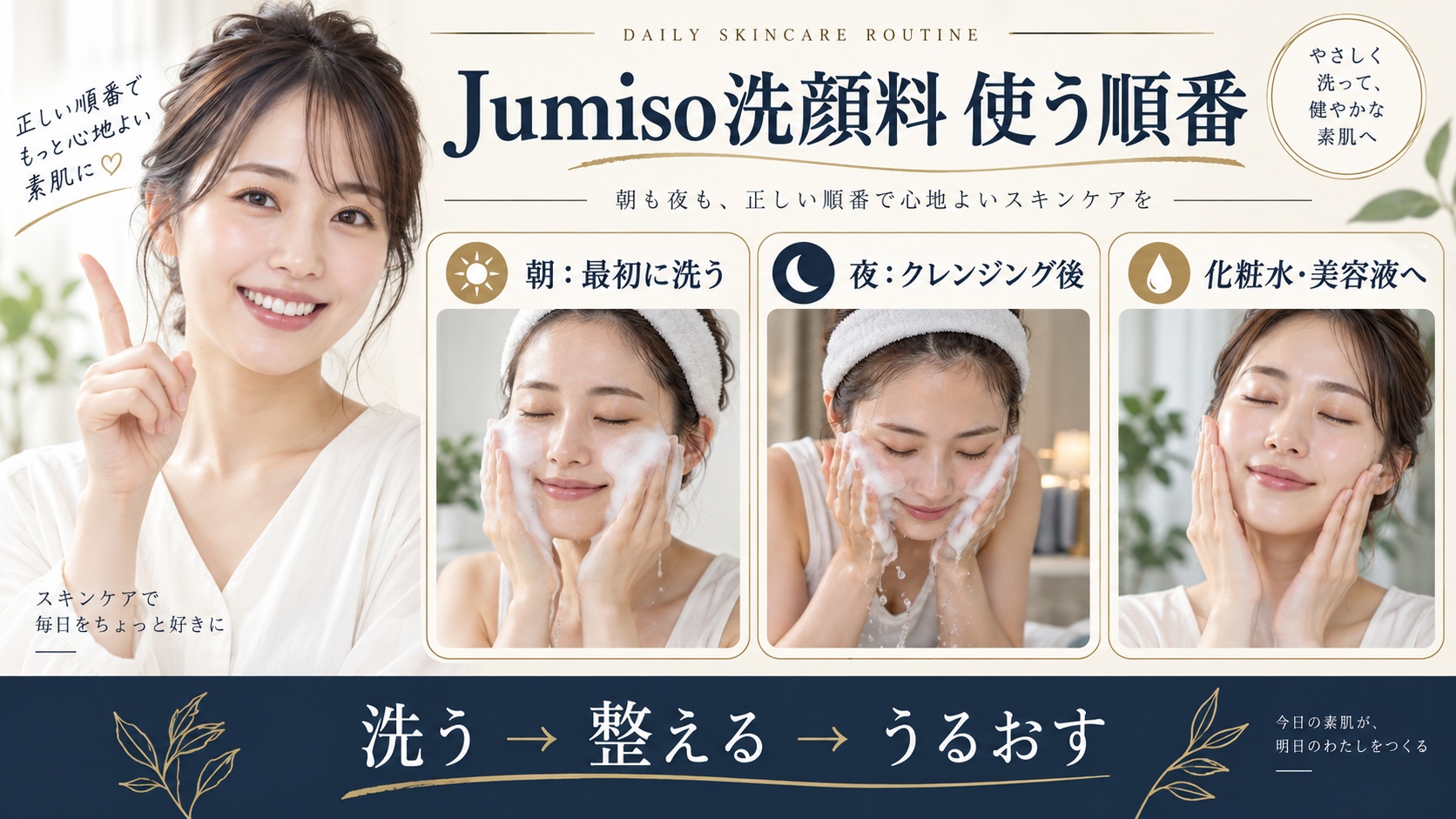 Jumiso洗顔料の使う順番。朝は最初、夜はクレンジング後に洗い、化粧水と美容液へつなぐスキンケア手順