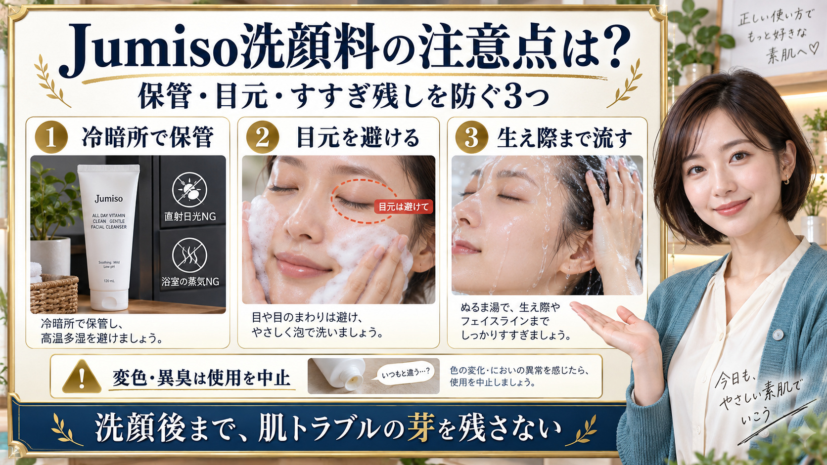 Jumiso洗顔料の注意点:保管・目元・生え際のすすぎ