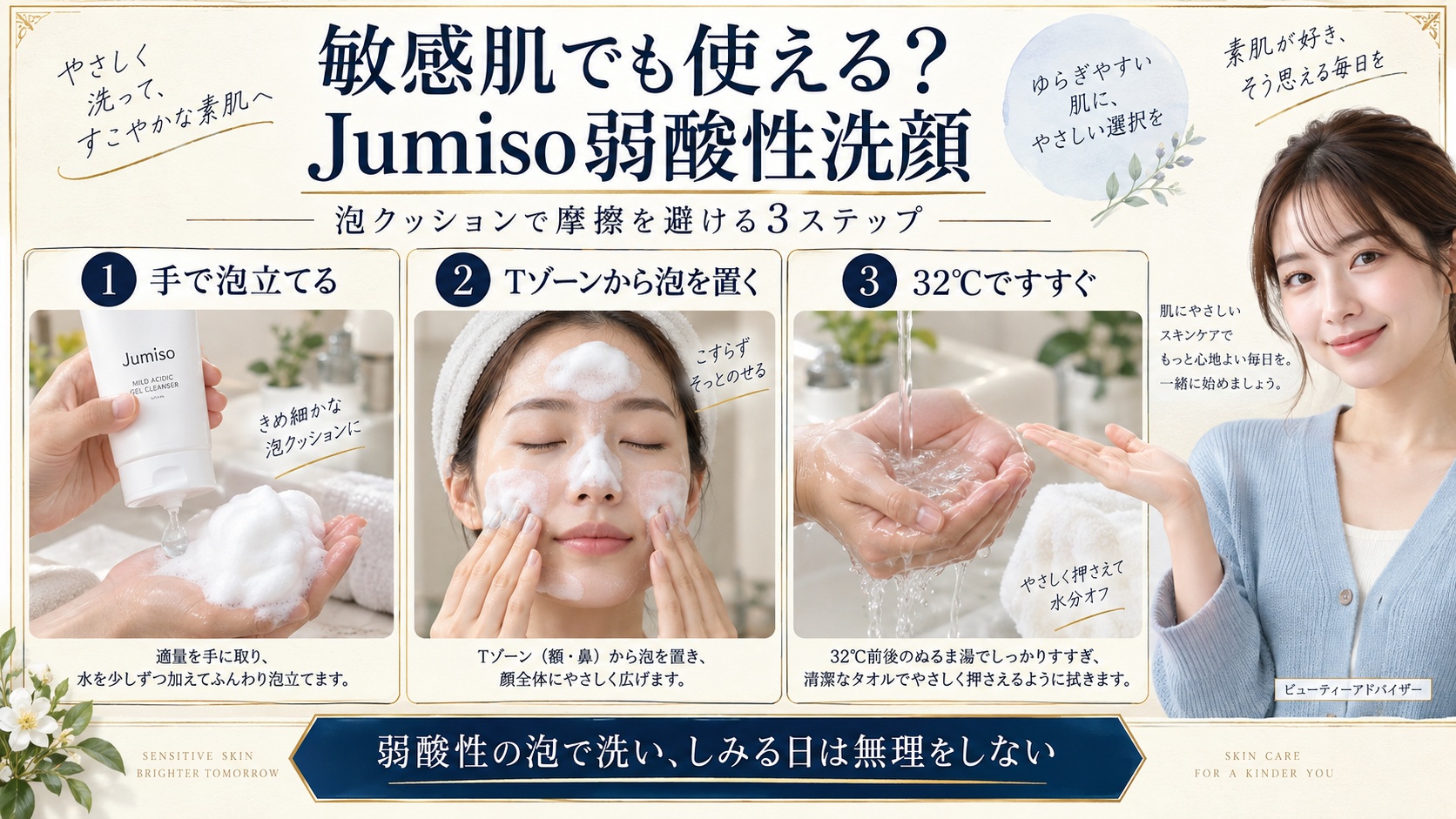 敏感肌向けJumiso弱酸性洗顔の泡立て・Tゾーン洗浄・32℃すすぎを示すBeauty Board