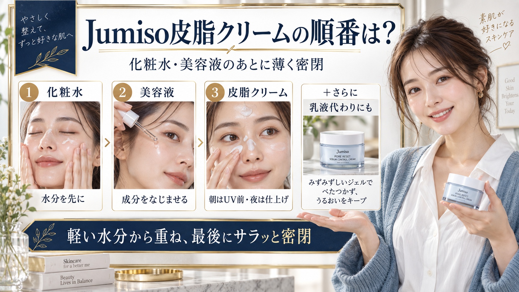 Jumiso皮脂クリームを使う順番:化粧水、美容液、皮脂クリームの朝晩ルーティン