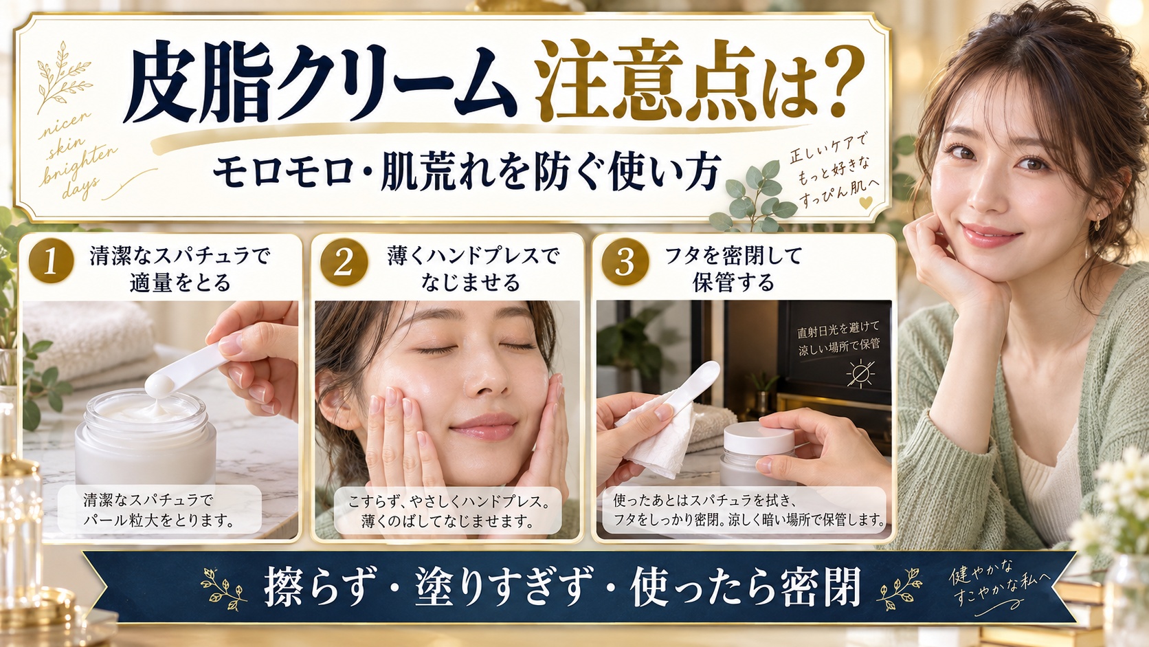 Jumiso皮脂クリームの注意点。スパチュラ、ハンドプレス、密閉保管の使い方