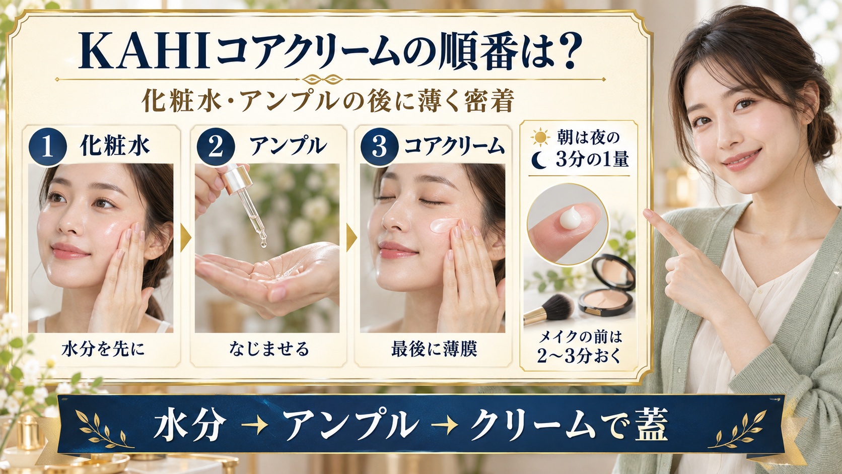 KAHIコアクリームを使う順番を化粧水、アンプル、クリームの3段階で示すBeauty Board
