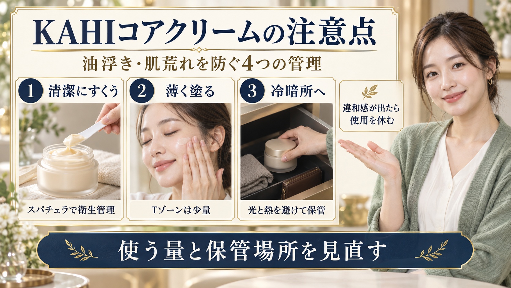 KAHIコアクリームの注意点を示すBeauty Board