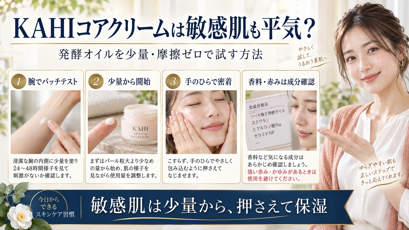 KAHIコアクリームは敏感肌も平気？少量から摩擦を避けて保湿する方法