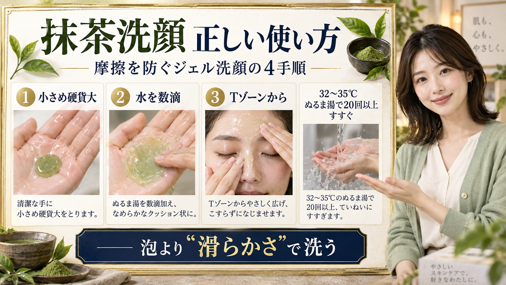 KraveBeauty抹茶洗顔の正しい使い方を示すBeauty Board