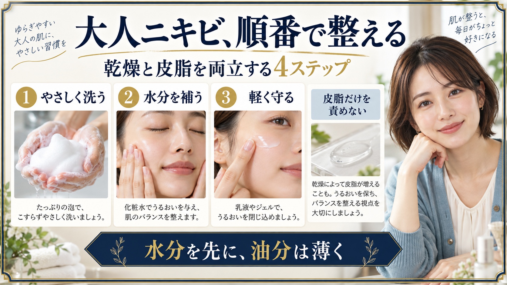 大人ニキビを防ぐスキンケアの順番を示すBeauty Board