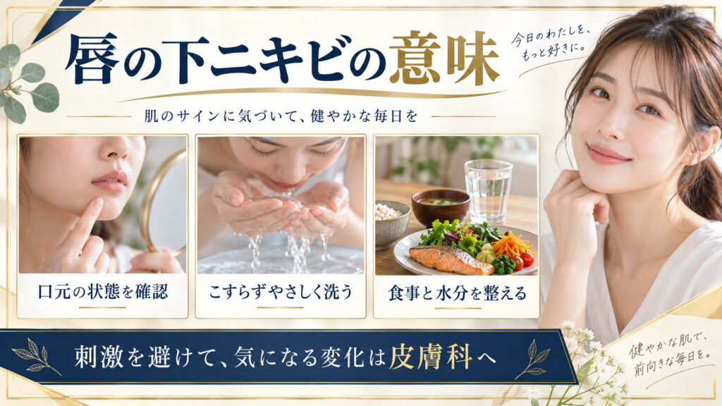 唇の下のニキビの意味。口元をこすらずやさしく洗い、食事と水分を整え、気になる変化は皮膚科へ相談するためのBeauty Board。