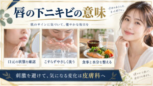 唇の下のニキビの意味。口元をこすらずやさしく洗い、食事と水分を整え、気になる変化は皮膚科へ相談するためのBeauty Board。