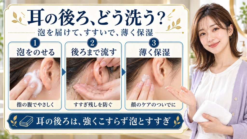 耳の後ろに泡をのせ、手皿のぬるま湯ですすぎ、薄く保湿する3手順