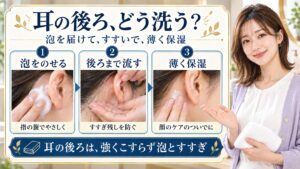 耳の後ろに泡をのせ、手皿のぬるま湯ですすぎ、薄く保湿する3手順