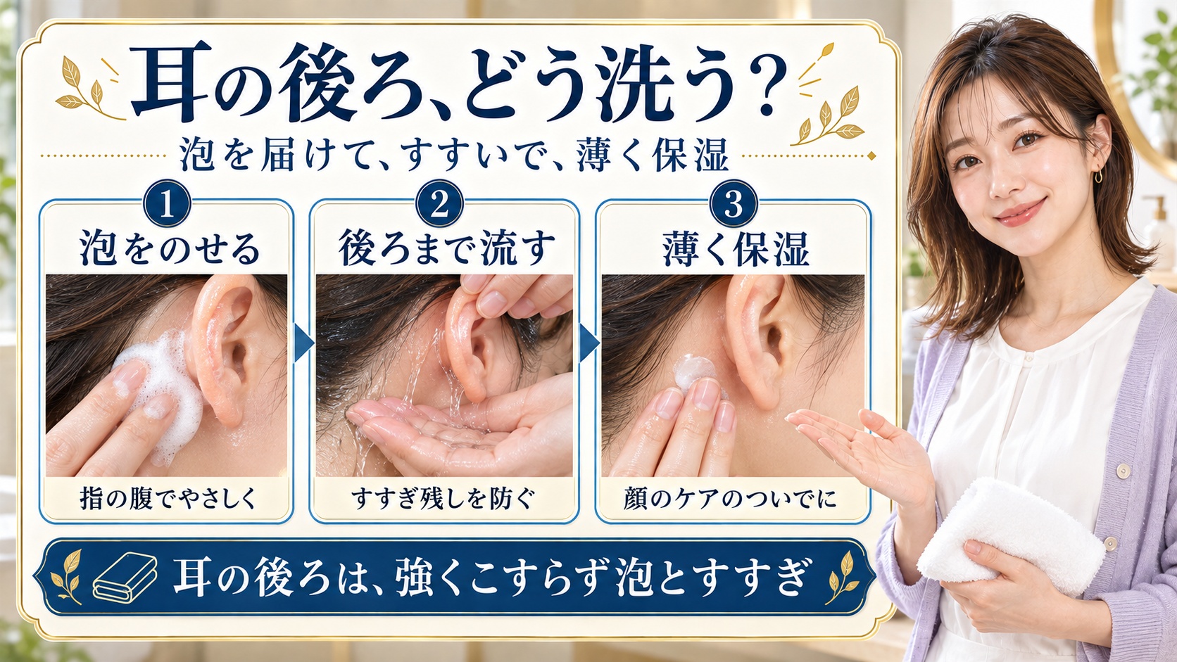 耳の後ろに泡をのせ、手皿のぬるま湯ですすぎ、薄く保湿する3手順