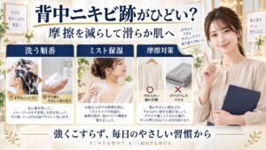 背中ニキビ跡がひどいときのケア。髪を洗ってから泡で洗い、入浴後にミスト保湿、綿素材で摩擦を減らす方法。