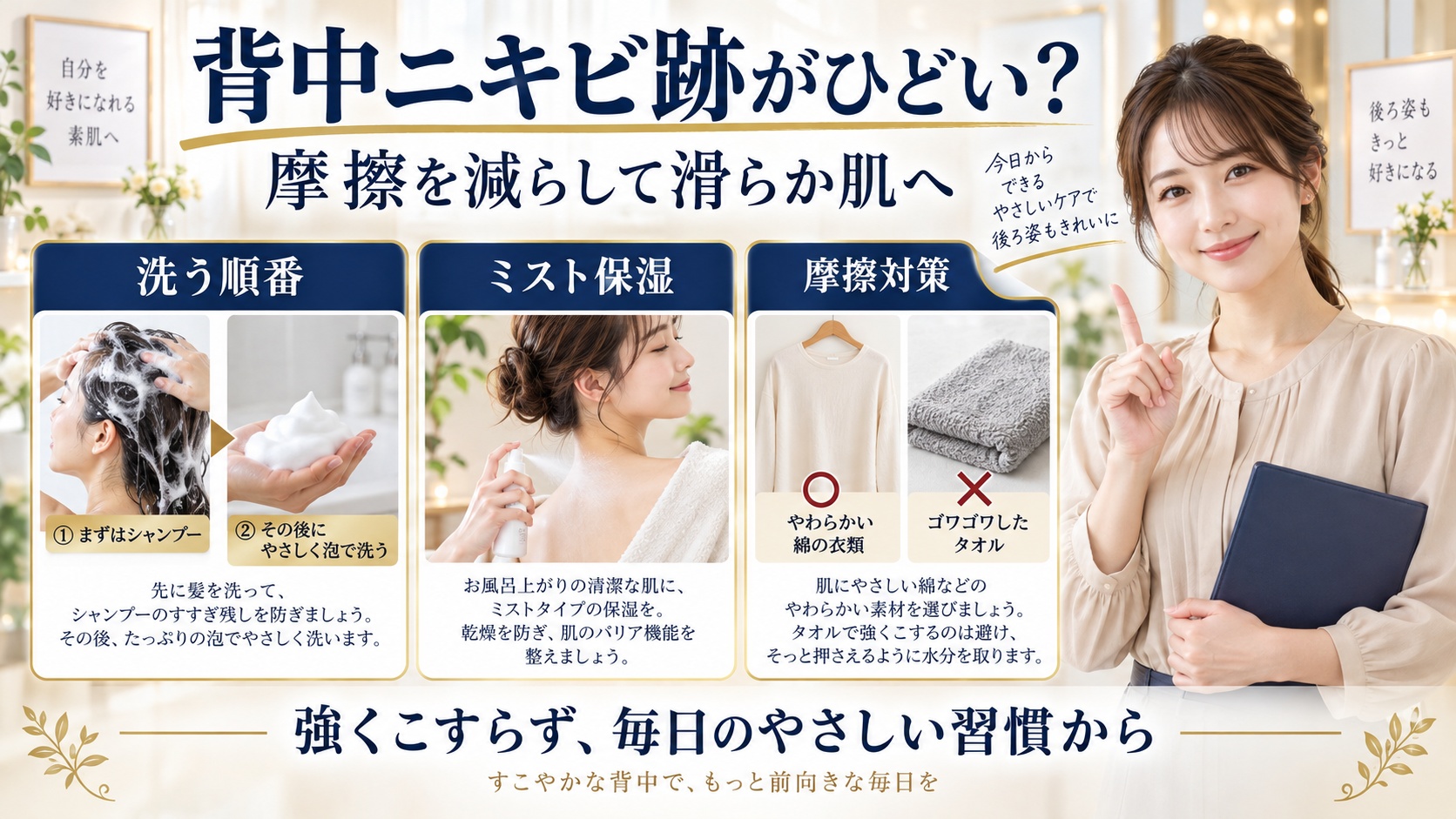 背中ニキビ跡がひどいときのケア。髪を洗ってから泡で洗い、入浴後にミスト保湿、綿素材で摩擦を減らす方法。