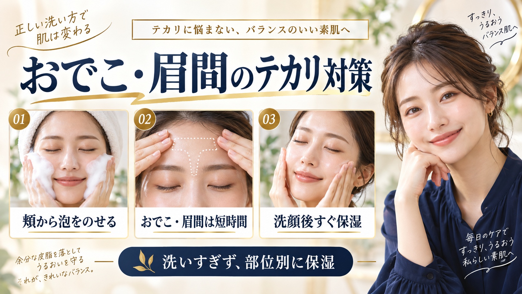 おでこと眉間のテカリ対策。頬から泡をのせ、おでこと眉間は短時間に洗い、洗顔後は部位別に保湿するためのBeauty Board。