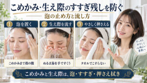 こめかみと生え際のすすぎ残しを防ぐ洗顔。泡を置き、ぬるま湯ですすぎ、タオルでこすらず押さえ拭きする3つの流れ。