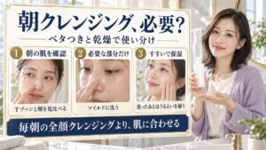 朝の肌を確認し、必要な部分だけマイルドに洗い、すすいで保湿する朝クレンジングの使い分け