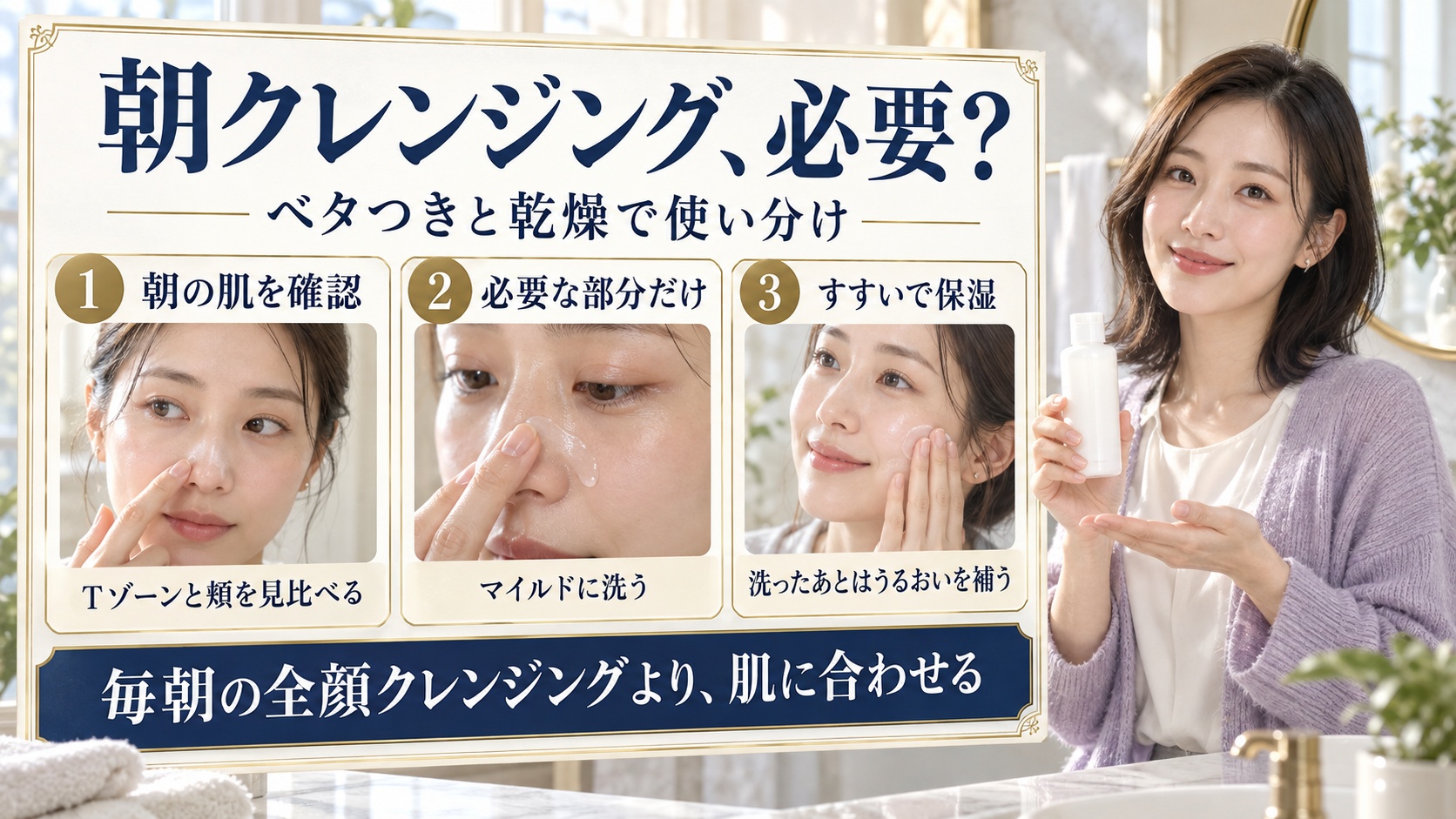 朝の肌を確認し、必要な部分だけマイルドに洗い、すすいで保湿する朝クレンジングの使い分け