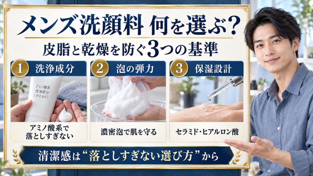 メンズ洗顔料の選び方。アミノ酸系の洗浄成分、濃密泡、セラミドとヒアルロン酸の保湿設計を3つのカードで紹介