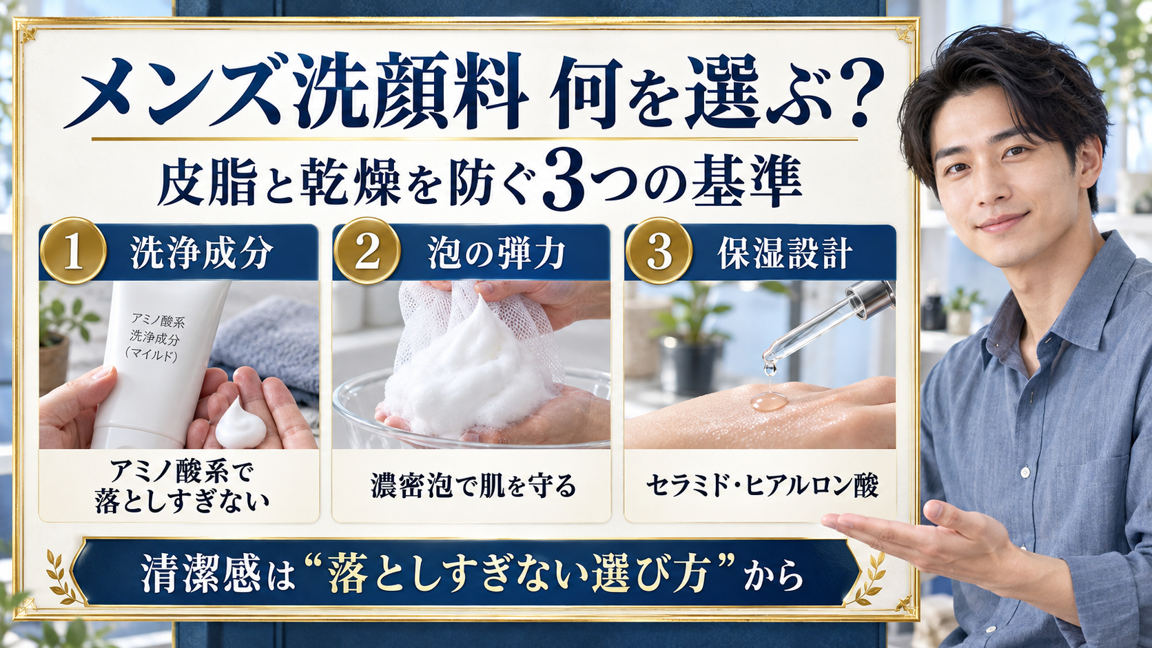 メンズ洗顔料の選び方。アミノ酸系の洗浄成分、濃密泡、セラミドとヒアルロン酸の保湿設計を3つのカードで紹介