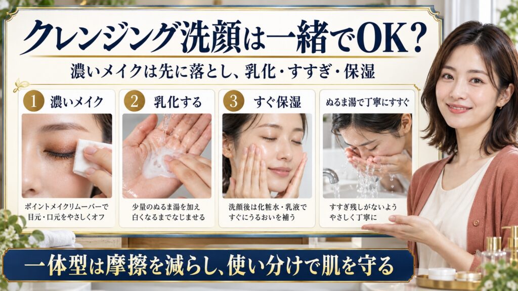 クレンジング洗顔は一緒でOK？濃いメイクは先に落とし乳化・すすぎ・保湿を行う方法