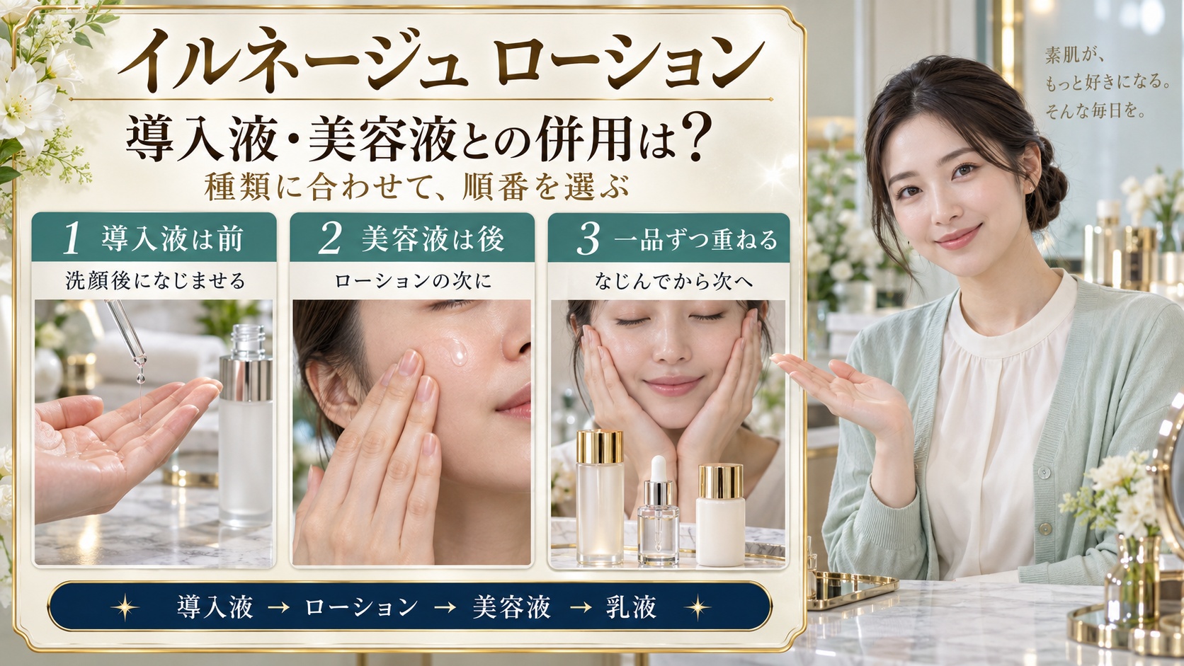 イルネージュローションの併用術とは？美肌効果を高めるコスメ組み合わせ