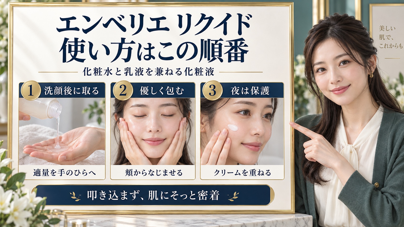 エンベリエリクイドの使い方とは?化粧水と乳液を兼ねる濃密浸透法