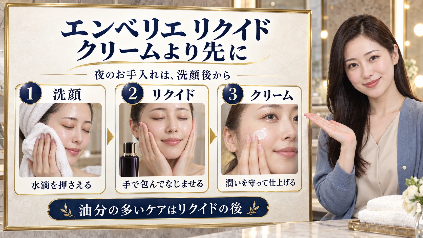 エンベリエリクイドの順番は？化粧水乳液を兼ねるスキンケア手順