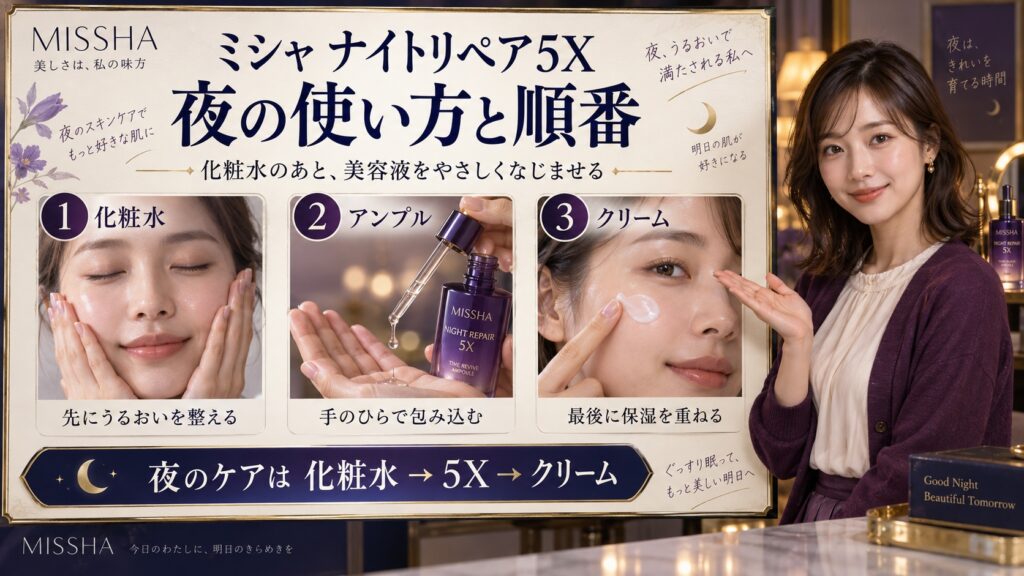 ミシャナイトリペア5Xの使い方！夜のハリ弾力を高める順番と適量