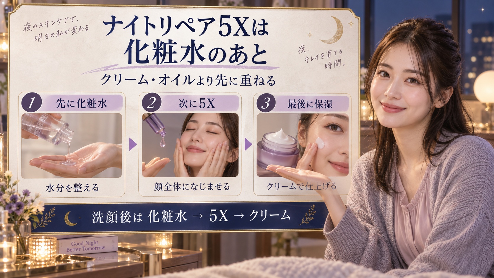 ミシャナイトリペア5Xの順番！夜スキンケアでハリ高めるステップ