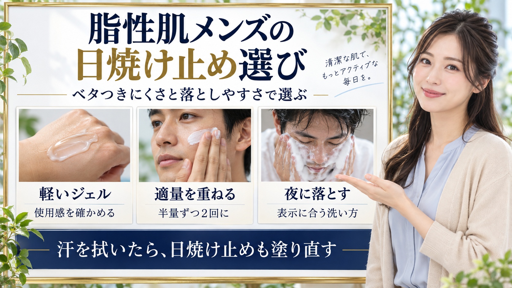 脂性肌メンズの日焼け止めはどう選ぶ？テカらない使い方と落とし方