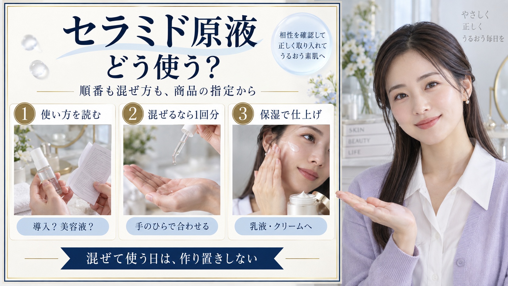 セラミド原液の使い方は?化粧水に混ぜる方法と効果的な塗る順番