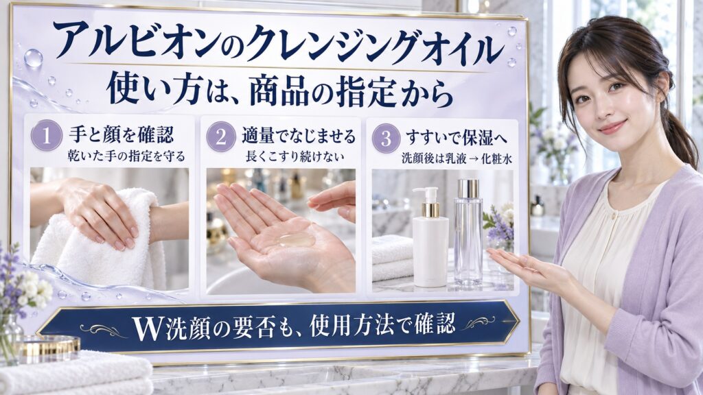 アルビオンのクレンジングオイルの使い方は？選び方と乳液先行の流れ