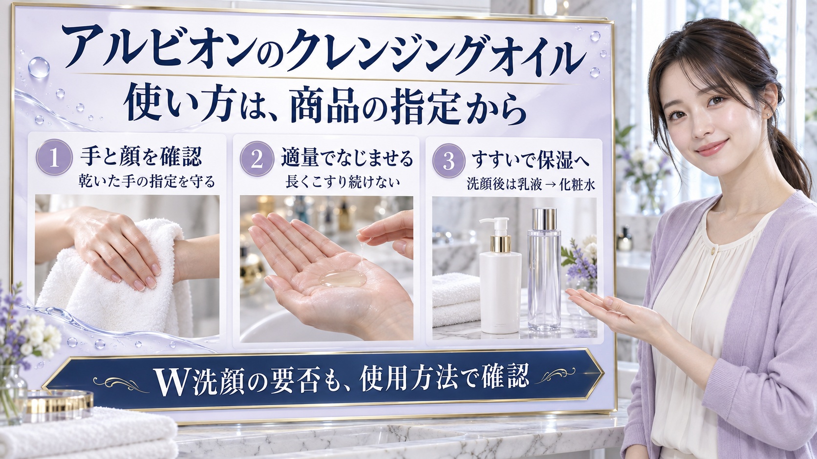 アルビオンのクレンジングオイルの使い方は?選び方と乳液先行の流れ