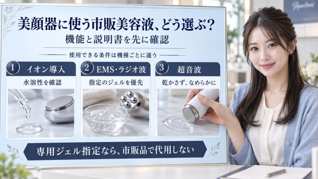 美顔器に使える美容液は市販で選べる？タイプ別の相性と使い方